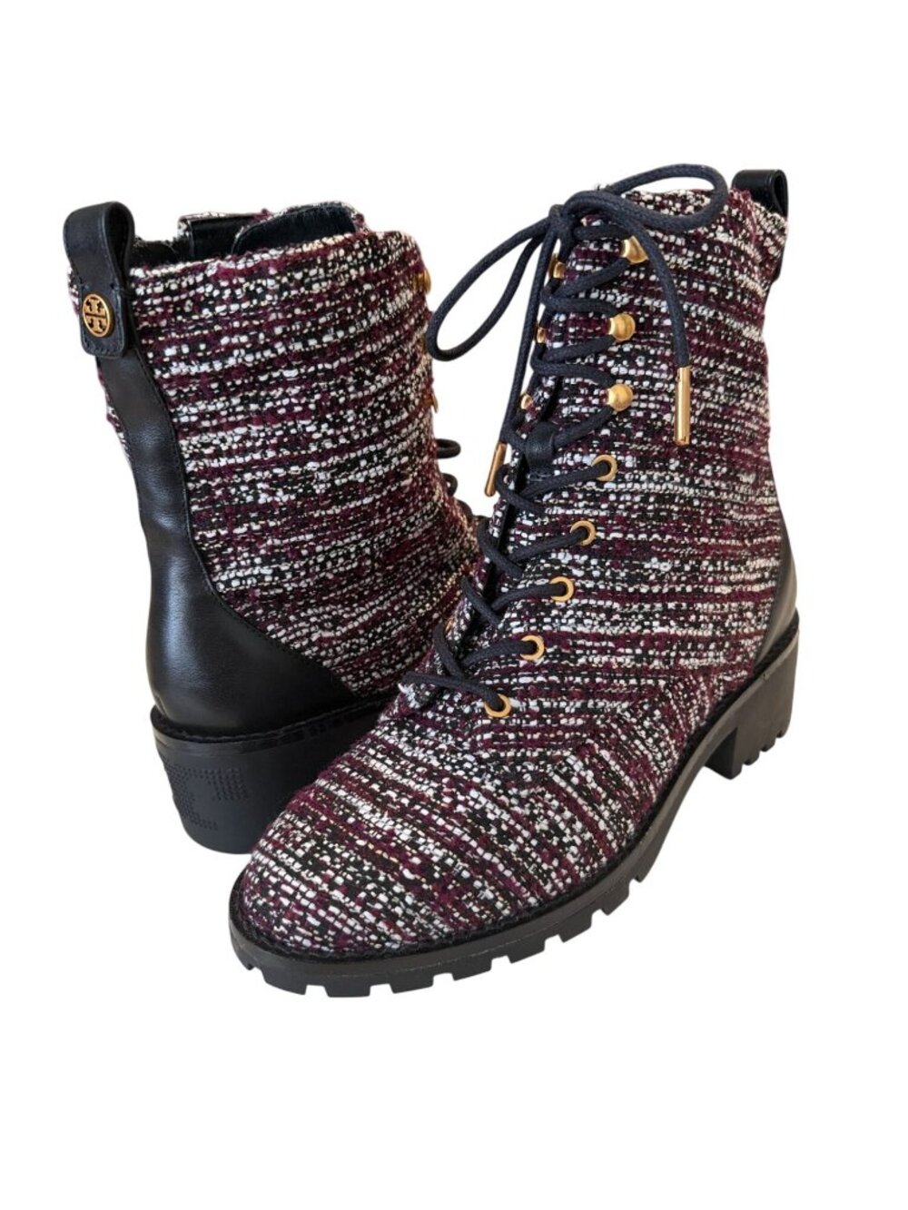 Tory Burch Miller Leather Tweed Lug Sole Combat Chunky Boots Size 8.5